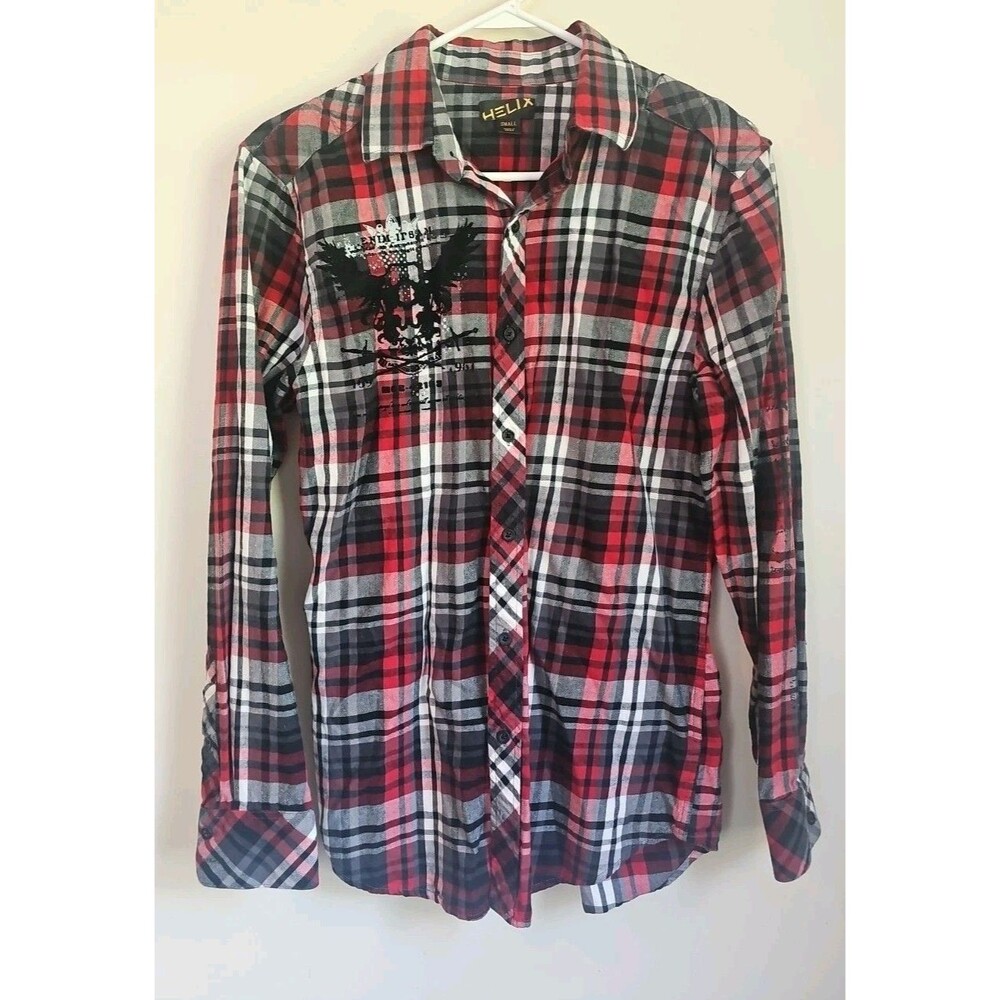 Helix Long Sleeve Button Down Plaid Shirt Size Small Double Dragon Graphic Red